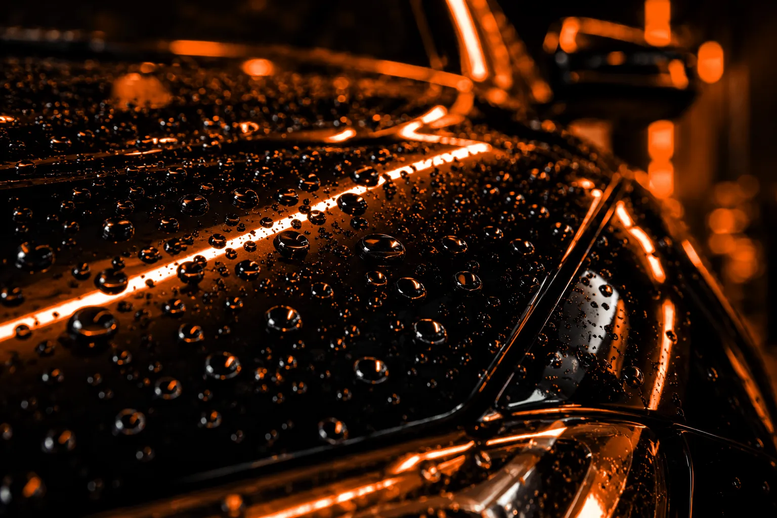 Gotas de água sobre a pintura preta com reflexo laranja